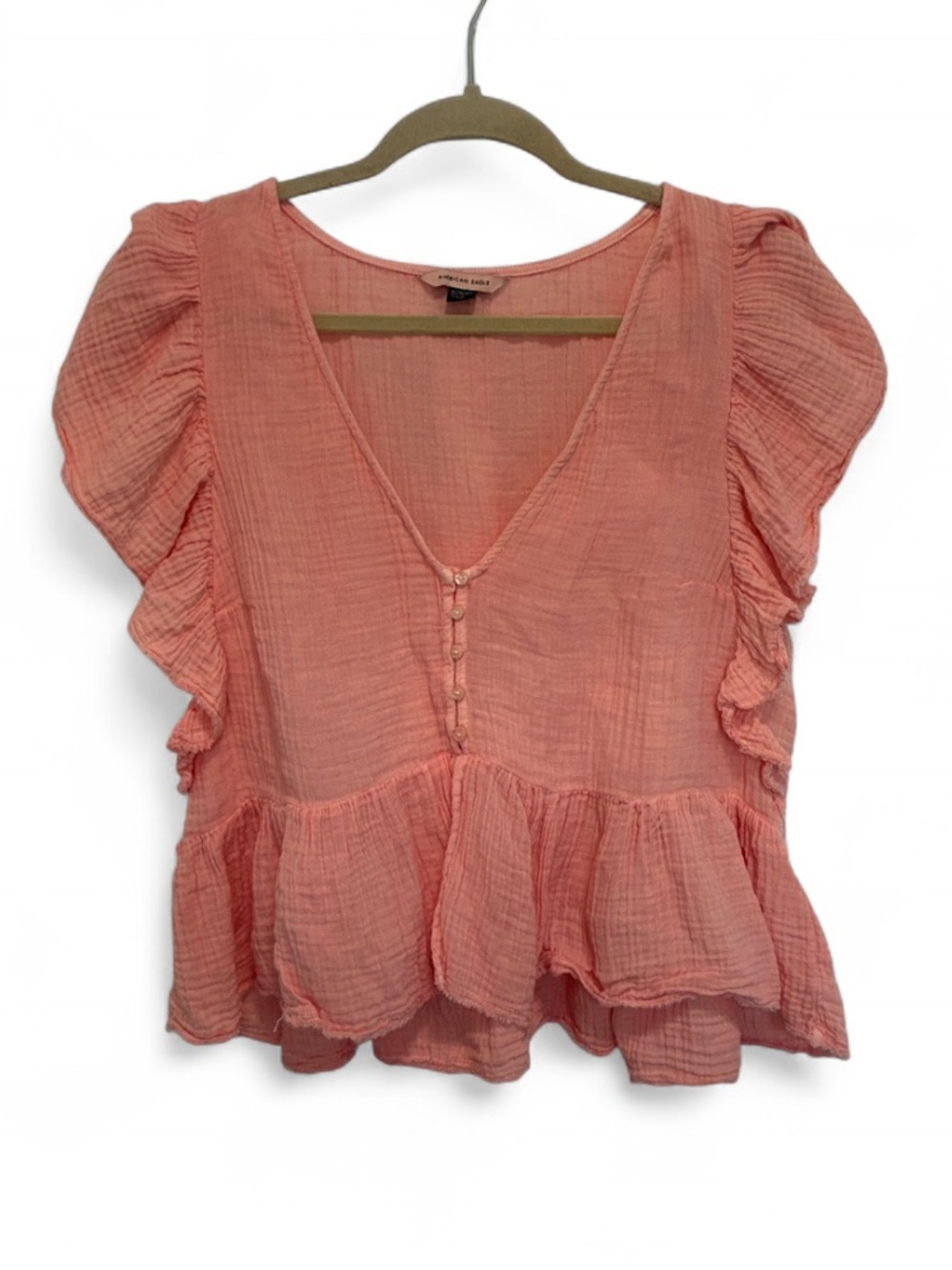 American Eagle Outfitters Pink Peach Ruffle V-Neck Blouse